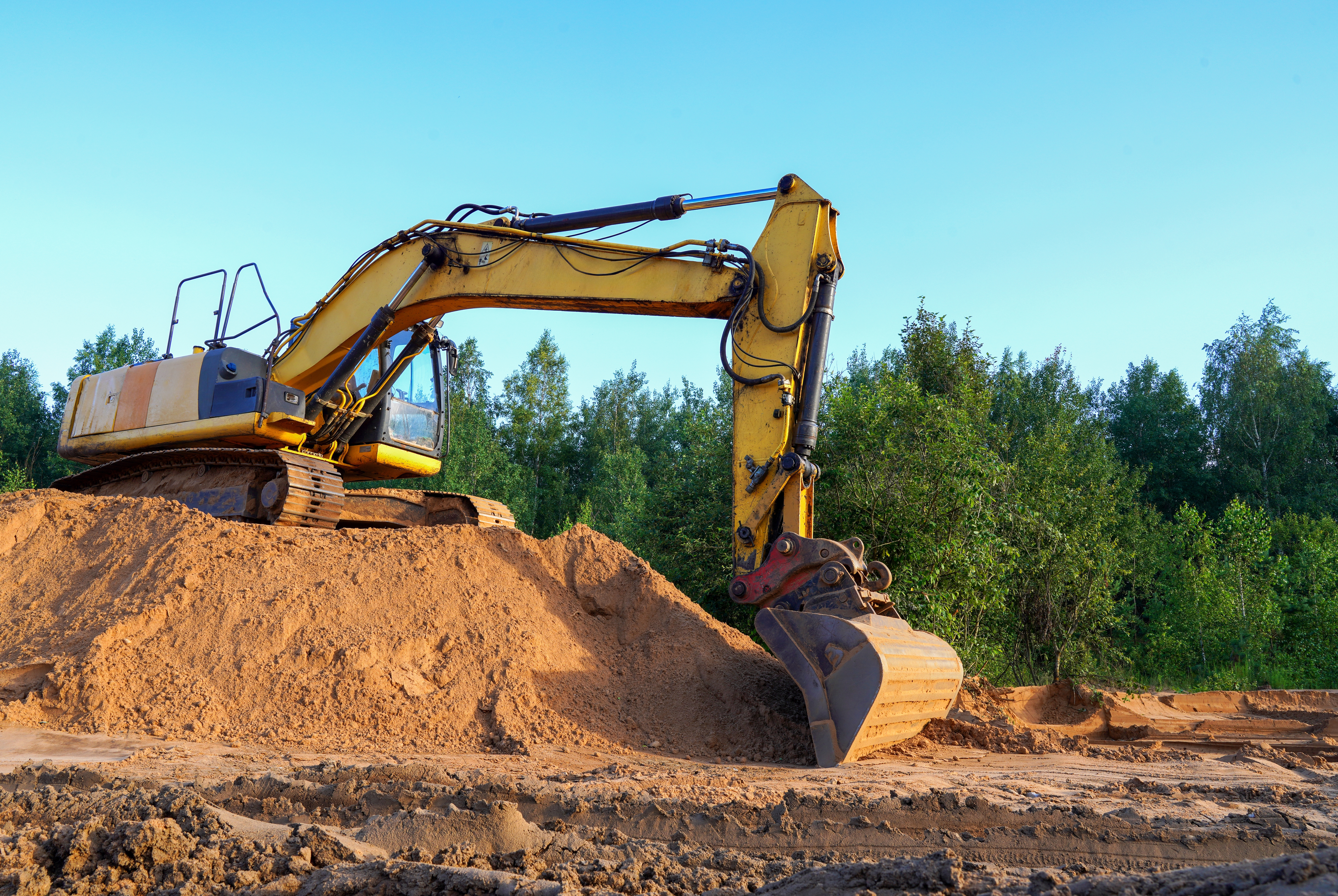 Excavator,On,Earthmoving.,Open-pit,Mining.,Backhoe,Dig,Sand,,Ground,In